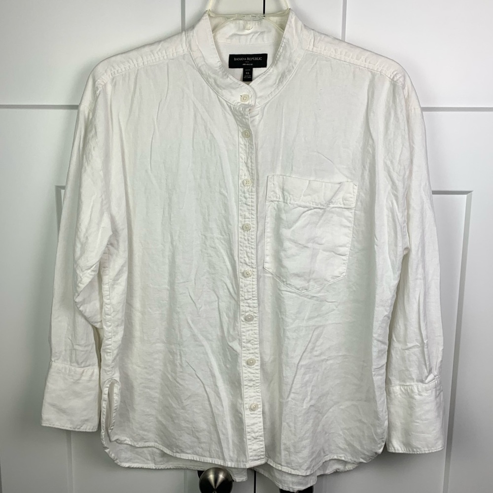 Banana Republic XL Petite Linen Blend Blouse White Button Front beach swim cover